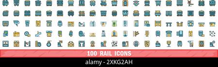 100 rail icons set. Color line set of rail vector icons thin line color flat on white Stock Vector