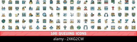 100 queuing icons set. Color line set of queuing vector icons thin line color flat on white Stock Vector