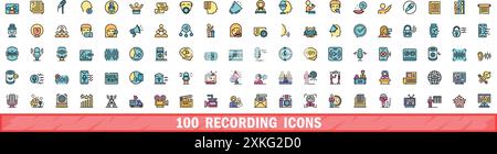 100 recording icons set. Color line set of recording vector icons thin line color flat on white Stock Vector