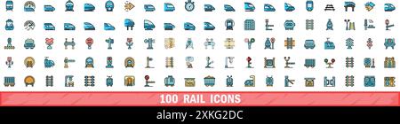 100 rail icons set. Color line set of rail vector icons thin line color flat on white Stock Vector