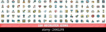 100 recruiter icons set. Color line set of recruiter vector icons thin line color flat on white Stock Vector