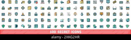 100 secret icons set. Color line set of secret vector icons thin line color flat on white Stock Vector