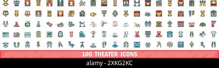100 theater icons set. Color line set of theater vector icons thin line color flat on white Stock Vector