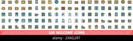 100 welcome icons set. Color line set of welcome vector icons thin line color flat on white Stock Vector