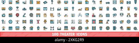 100 theater icons set. Color line set of theater vector icons thin line color flat on white Stock Vector
