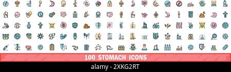 100 stomach icons set. Color line set of stomach vector icons thin line color flat on white Stock Vector