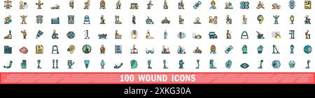 100 wound icons set. Color line set of wound vector icons thin line color flat on white Stock Vector
