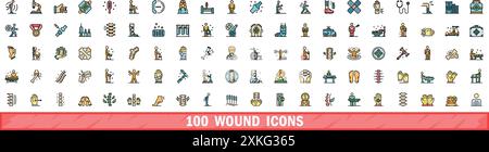 100 wound icons set. Color line set of wound vector icons thin line color flat on white Stock Vector