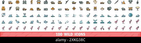 100 wild icons set. Color line set of wild vector icons thin line color flat on white Stock Vector