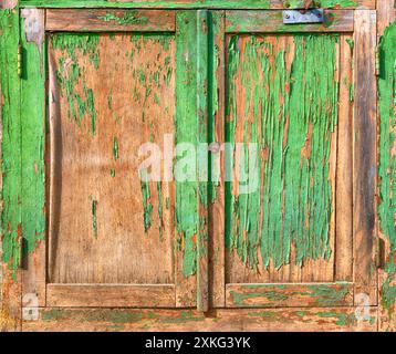 Old weathered dirty wooden door with peeling paint Stock Photo