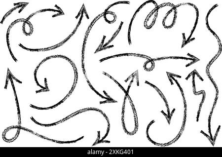 Crayon hand drawn arrows icons. Pencil and brush vector scribbles sketch. Grunge charcoal textured doodle set. Chalk mark elements isolated on white Stock Vector