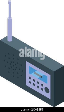 Portable radio receiver transmitting audio waves, modern tuner icon, isometric style Stock Vector