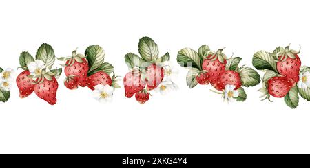 Strawberry with white flowers and leaves, watercolor isolated illustration. Seamless border with berry fruits with blossom for table textile, porcelai Stock Photo