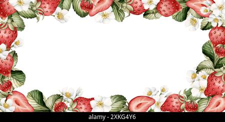 Strawberry, berries with white flowers and leaves, watercolor isolated illustration. Seamless border, horizontal frame for table textile, porcelain ta Stock Photo