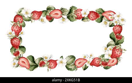 Strawberry, berries with white flowers and leaves, watercolor isolated illustration. Horizontal frame for cards, table textile, porcelain tableware, k Stock Photo