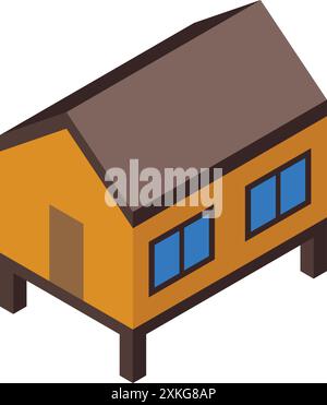 Small yellow stilt house standing on concrete pillars, isometric view, isolated on white background Stock Vector