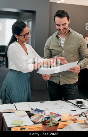 Collaboration, blueprint and team of architects in office on site planning for building development project. Discussion, layout and industry designers Stock Photo