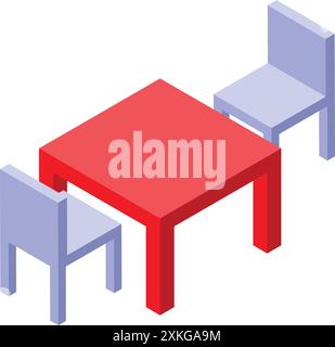 Red square table and two chairs standing on white background, isometric view Stock Vector