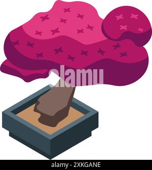 Vibrant pink bonsai tree is growing in a square pot in this isometric illustration Stock Vector