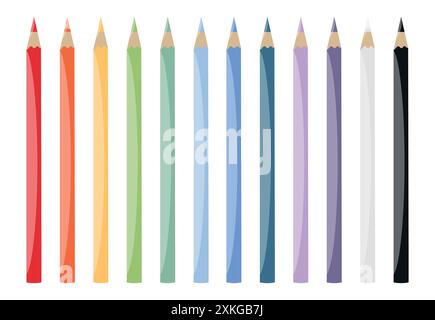 Set of 12 colored pencils. Painting tools, art supplies. Vector illustration Stock Vector