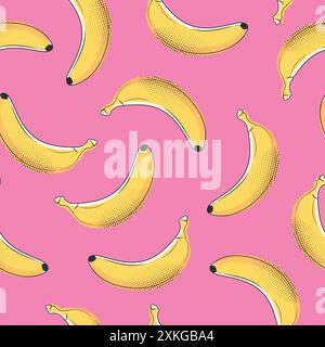 Banana fruit seamless pattern in pop art style. Bananas decorated with dots on pink background. Vector illustration Stock Vector