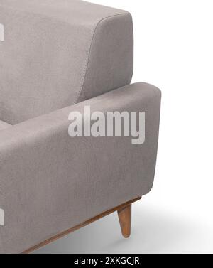 Close-up of grey sofa cushion with wooden legs, showcasing texture and detail. Stock Photo
