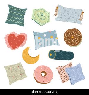 Set of Textile Patterned Pillows in Hygge style. Stock Vector
