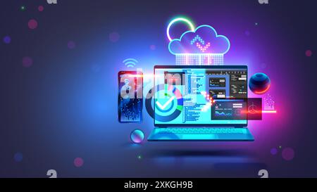 Laptop and phone hanging over desk. Software development concept. Phone app interface, web design. Computer technology, Web design concept. Website de Stock Vector