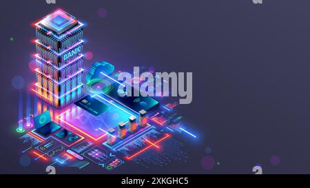 Online internet bank concept. Online internet bank digital infrastructure. Internet banking isometric concept. Phone, card, icons of services next to Stock Vector
