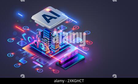 Smart city concept. AI controls Futuristic Smart city. Isometric Futuristic buildings inside chip with Ai or Artificial intelligence which effectively Stock Vector