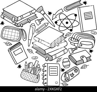 Back to school doodles. Heart made of stationery, school accessories, books, notebooks and pencils in pencil case, brush and eraser in hand drawing do Stock Vector