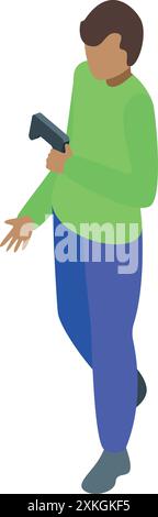 Young man is immersed in a captivating virtual reality game, holding a console Stock Vector