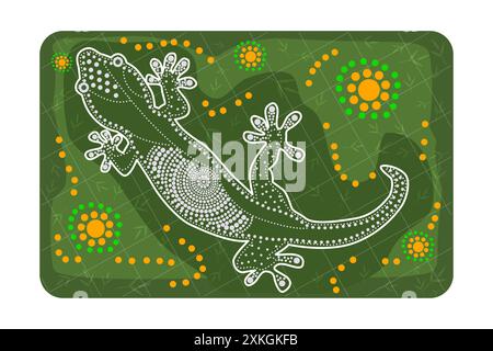 Lizard in australian aboriginal style on green background. Australia indigenous Aboriginal lizard or salamander dots painting art style. Silhouette of Stock Vector
