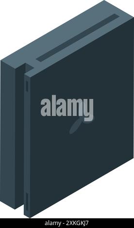 Sleek and modern gaming console standing upright, showcasing its slim design and iconic logo Stock Vector
