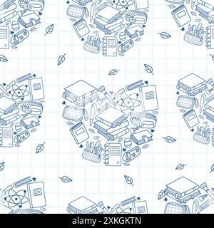 Seamless pattern back to school. Stationery goods, school accessories and books, notebooks and pencils in pencil case on white checkered background. V Stock Vector