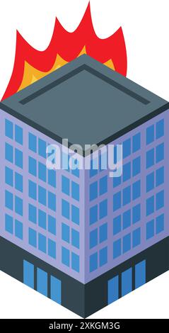 Isometric building with fire on the roof, concept of fire in the office Stock Vector