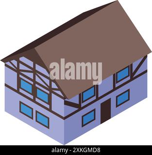 Isometric icon of a traditional half timbered house, showcasing european architectural heritage Stock Vector