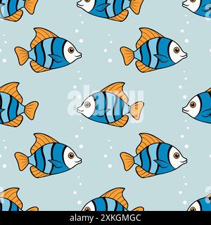Sea bottom pattern with blue fish on pastel blue background, seamless marine pattern. Vector illustration Stock Vector