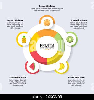 Infographic template with 5 options or steps. Fruits. Can be used for workflow layout, diagram, banner, webdesign. Vector illustration Stock Vector