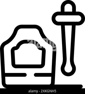 Blacksmith wearing protective leather apron holding tongs by a blacksmiths forge in black and white line art icon Stock Vector