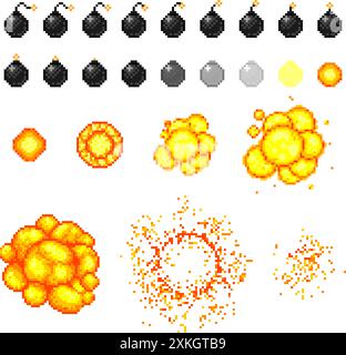 Pixel art set of bomb exploding frames. Vector 8-bit game design asset collection Stock Vector