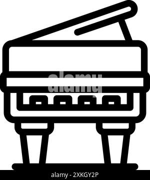 Black and white line art illustration of an open grand piano standing on three legs Stock Vector