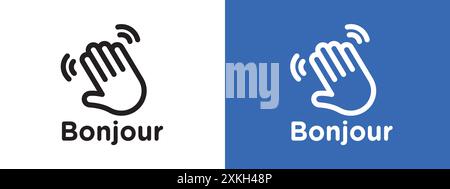 Bonjour text with hand wave icon logo sign vector outline in black and white color Stock Vector