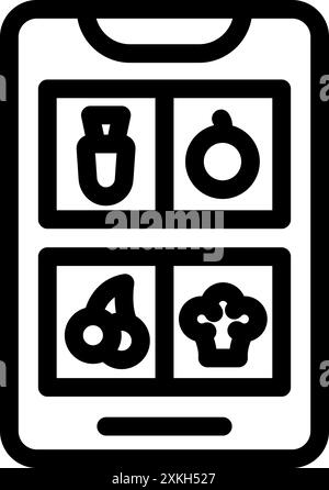 Simple icon of a smartphone showing an online shopping app interface for ordering groceries, with icons of different food items Stock Vector