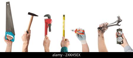 Different professions. Many various tools in people's hands isolated on white, closeup Stock Photo