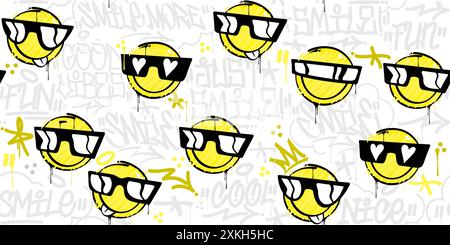 Funny Trendy Abstract Street Art Graffiti Style Happy Smiling Face Seamless Background Template Stock Vector