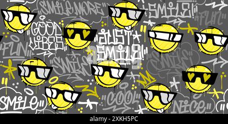 Creative Trendy Abstract Street Art Graffiti Style Happy Smiling Face Seamless Background Template Stock Vector