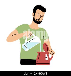 A young man pours clean water into a kettle Stock Vector