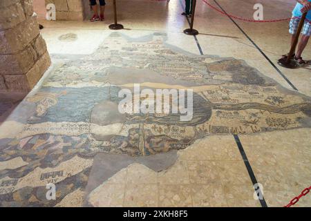 The Dead Sea represented on the Madaba Map, Byzantine era mosaic map of the world, 542-70 CE, Church of St. George, Madaba, Jordan Stock Photo