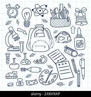Back to school doodles. Outline drawing stationery and art supplies set. Accessories for study, student equipment, hobby items. Vector illustration. I Stock Vector